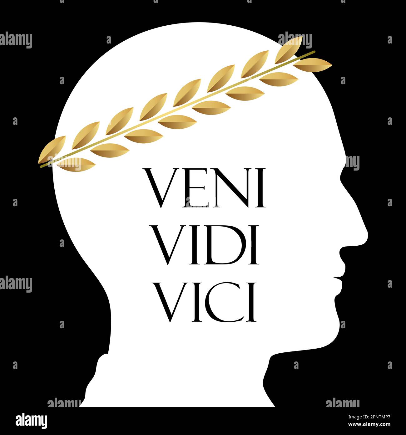 Vektorsilhouettenporträt von Cäsar mit goldener Lorbeerkrone und Veni, Vidi, Vici-Phrase, isoliert auf schwarzem Hintergrund. Stock Vektor