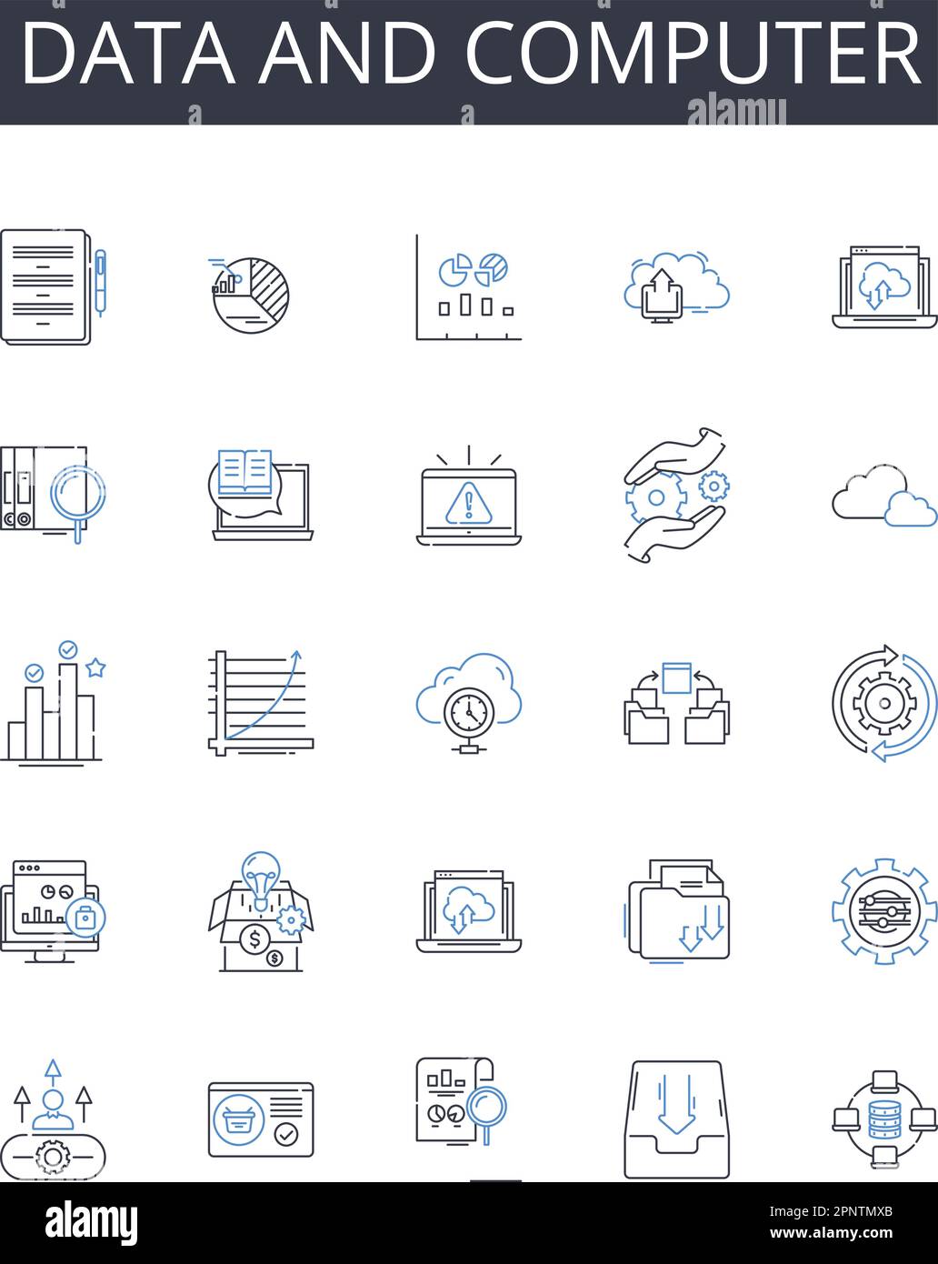Sammlung von Daten- und Computerzeilensymbolen. Informationstechnologie, elektronisches Gerät, Web-Browsing, digitale Medien, Hochgeschwindigkeits-Internet, Cloud-Speicher Stock Vektor
