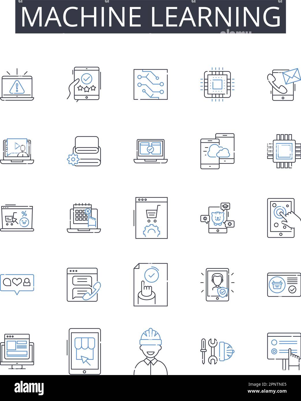 Symbolsammlung für Machine Learning Line. Künstliche Intelligenz, Automatisiertes Lernen, Data Mining, Datenanalyse, Deep Learning, Natürliche Sprache Stock Vektor