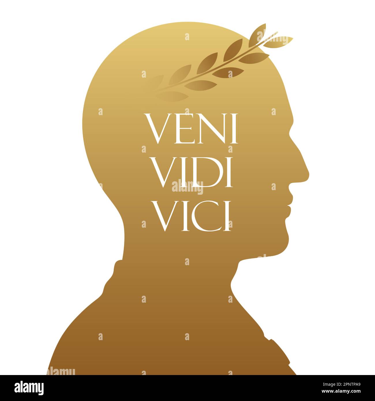 Goldenes Silhouettenvektorporträt von Cäsar mit Lorbeerkrone und Veni, Vidi, Vici-Phrase, isoliert auf weißem Hintergrund. Stock Vektor