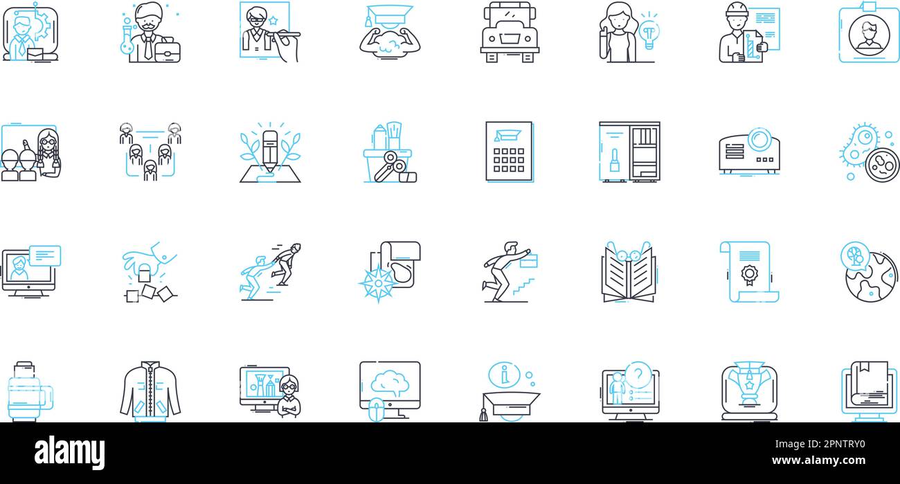 Lineare Symbolgruppe für Lernelemente. Lehrplan, Pädagogik, Unterricht, Unterricht, Methodik, Test, Lernlinienvektor und Konzeptschilder Stock Vektor