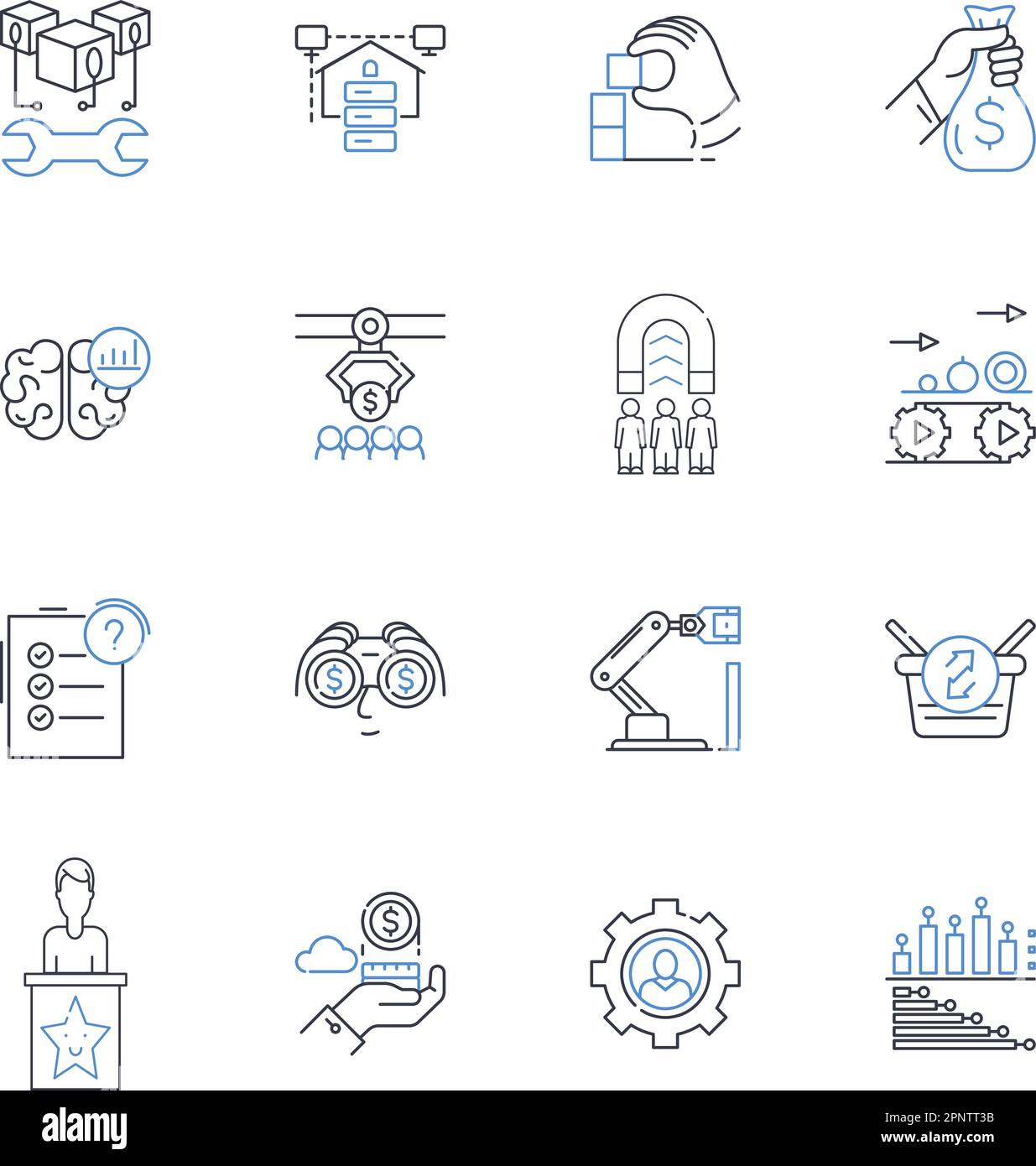 Sammlung von Symbolen für Zeilen für automatisierte Prozesse. Effizienz, Optimierung, Optimierung, Produktivität, Automatisierung, Robotik, Integrationsvektor und linear Stock Vektor