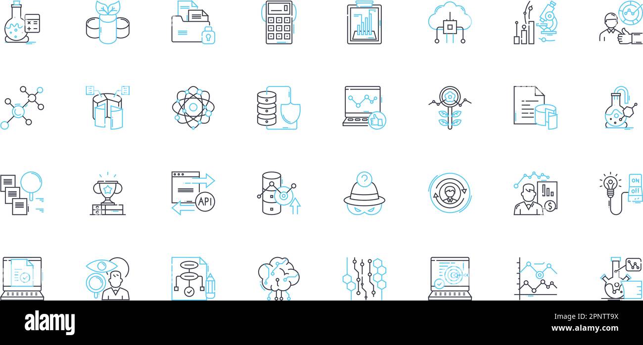 Lineare Symbole für Tests und Experimente festgelegt. Analyse, Simulation, Prüfung, Prototyp, Validierung, Hypothese, Beobachtungslinienvektor und Stock Vektor