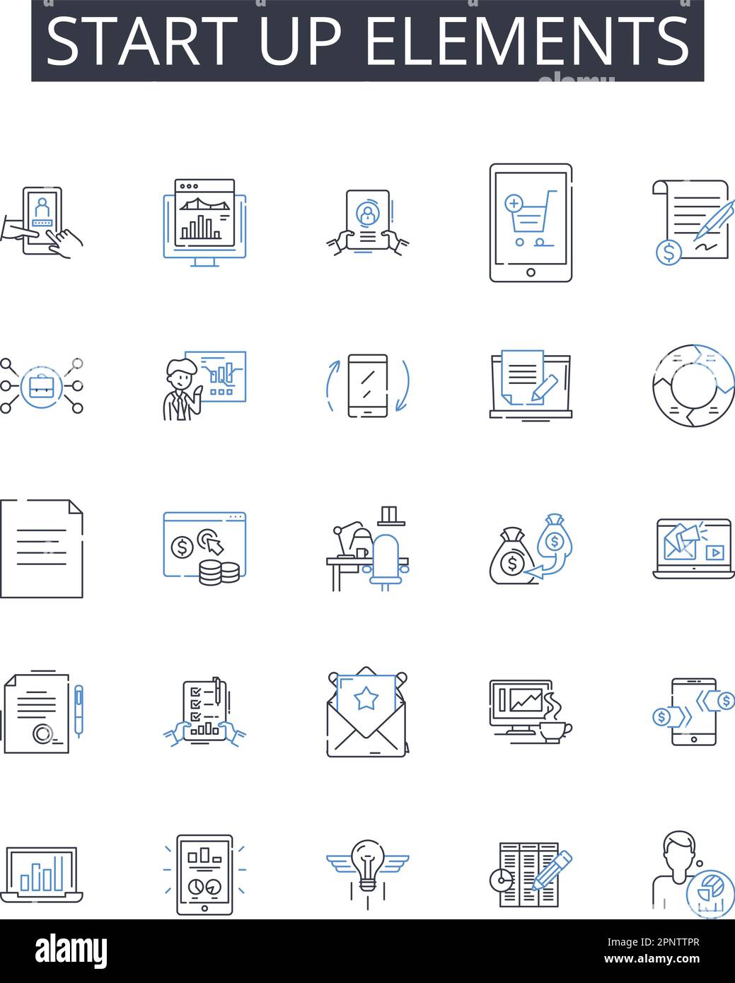 Starten Sie die Sammlung der Liniensymbole für Elemente. Unternehmensstart, Anfangsphase, Betriebsbeginn, Anfangsphase, Primärphase, Starterkit, Öffnen Stock Vektor
