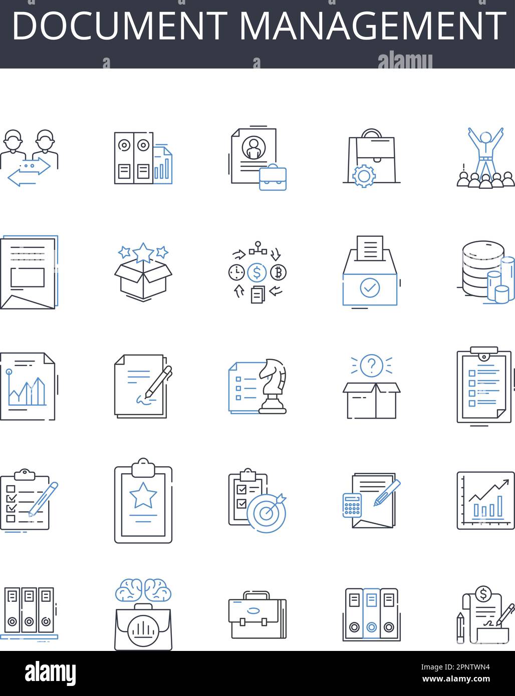 Sammlung der Liniensymbole für die Dokumentverwaltung. Aufbewahrung von Aufzeichnungen, Dateiorganisation, Datenverarbeitung, Informationsspeicherung, Papierverwaltung, Digitale Archivierung Stock Vektor