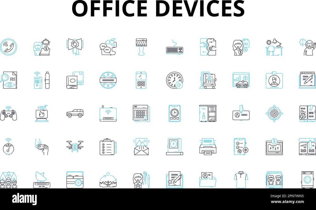 Lineare Symbole für Bürogeräte festgelegt. Drucker, Scanner, Kopierer, Fax, Maus, Tastatur, Monitorvektorsymbole und Linienzeichen. Laptop, Computer Stock Vektor