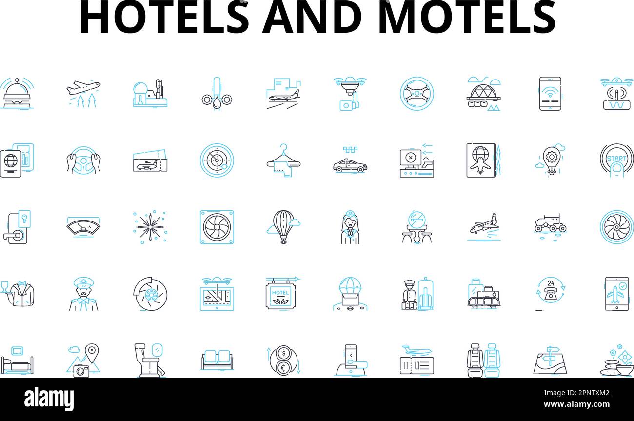 Hotels und Motels sind lineare Ikonen. Unterkünfte, Unterkünfte, Gastfreundschaft, Annehmlichkeiten, Suiten, Reservierungen, Reisevektorsymbole und Linienkonzept Stock Vektor