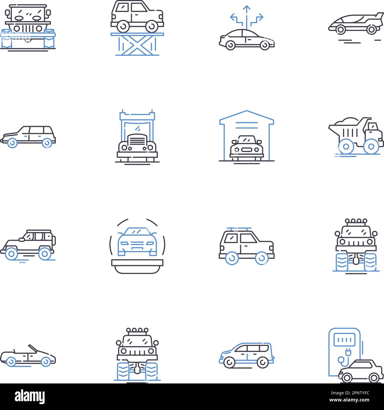 Icons-Kollektion für Landtransportlinien. Auto, Bus, Zug, Lkw, Motorrad, Fahrrad, Roller-Vektor und lineare Darstellung. Umriss Jeep, Wohnwagen, Lieferwagen Stock Vektor