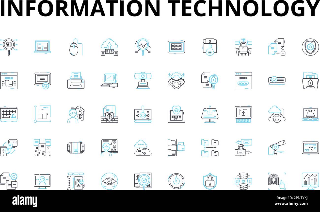 Informationstechnologie - Lineare Symbole. Digital, Nerk, Cloud, Cybersicherheit, Codierung, Analysen, Webvektorsymbole und Linienkonzepte. Datenbank Stock Vektor