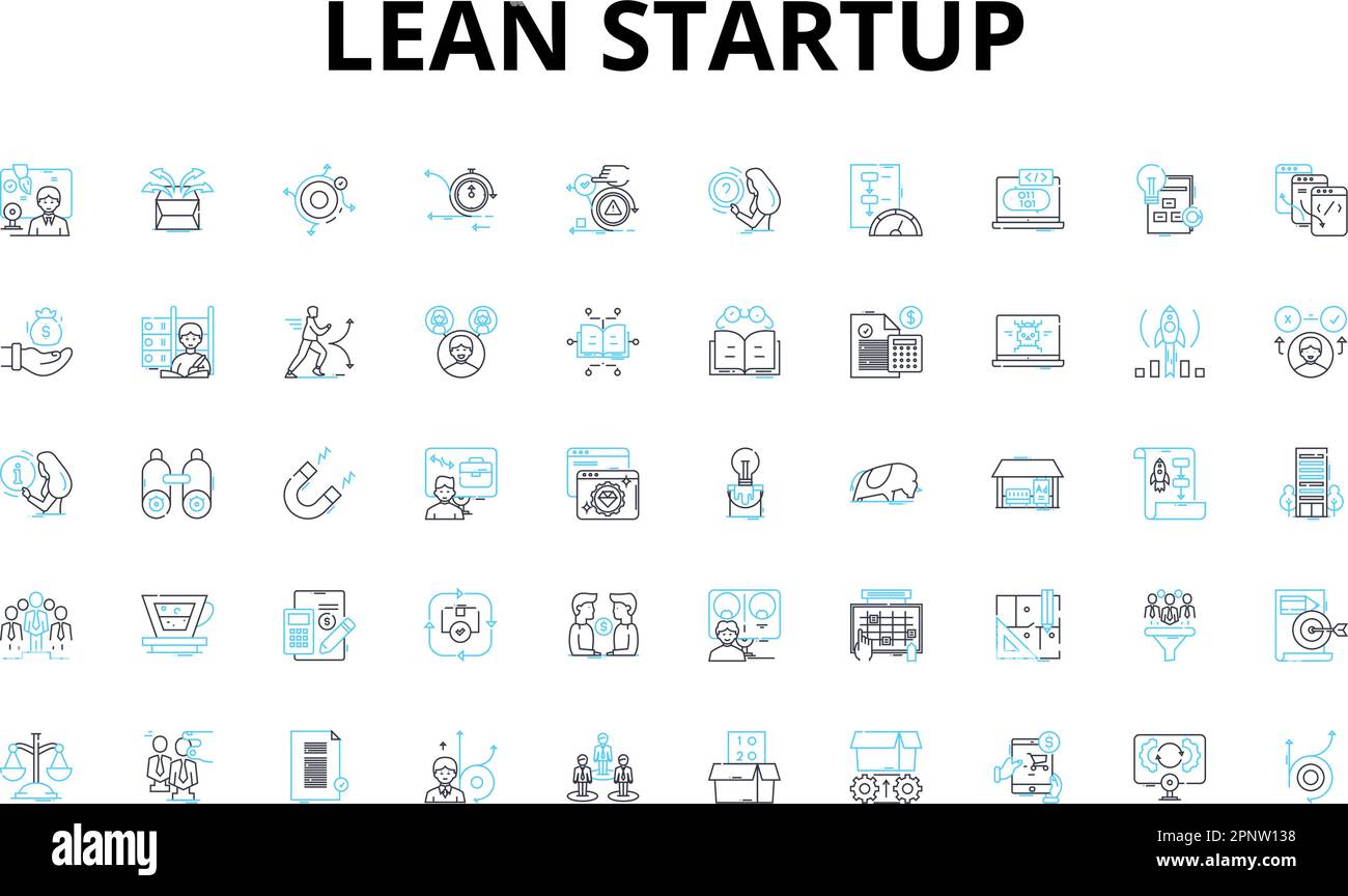 Linearer Symbolsatz für Lean Startup. Agilität, Innovation, Validierung, Iteration, Wachstum, Risiko, Minimalvektorsymbole und Linienkonzepte. Brauchbar,Produkt Stock Vektor