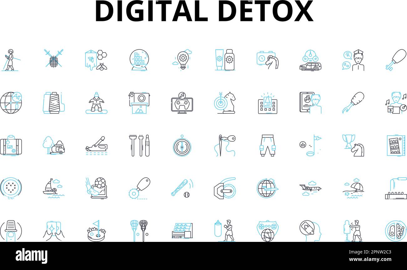 Digitale Detox-Symbole eingestellt. Trennen, Trennen, Wieder Verbinden, Achtsamkeit, Gleichgewicht, Fokus, Relaxationsvektorsymbole und Linienkonzepte. Wellness Stock Vektor