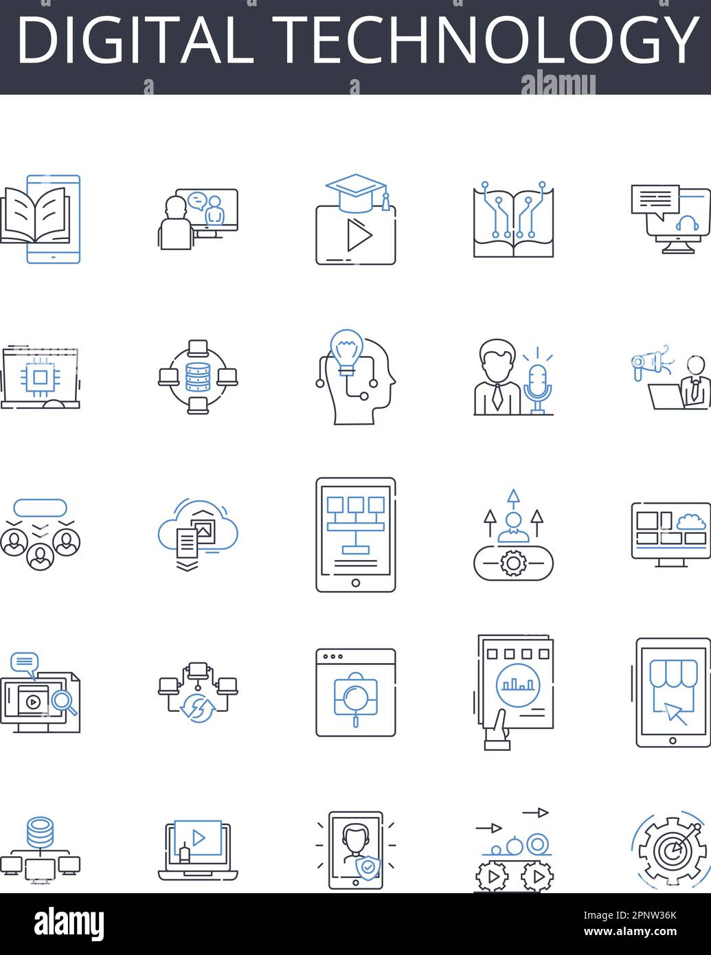 Symbolsammlung für digitale Technologie. Computerwissenschaften, Internet-Technologie, Telekommunikationssysteme, tragbare Geräte, elektronische Geräte Stock Vektor