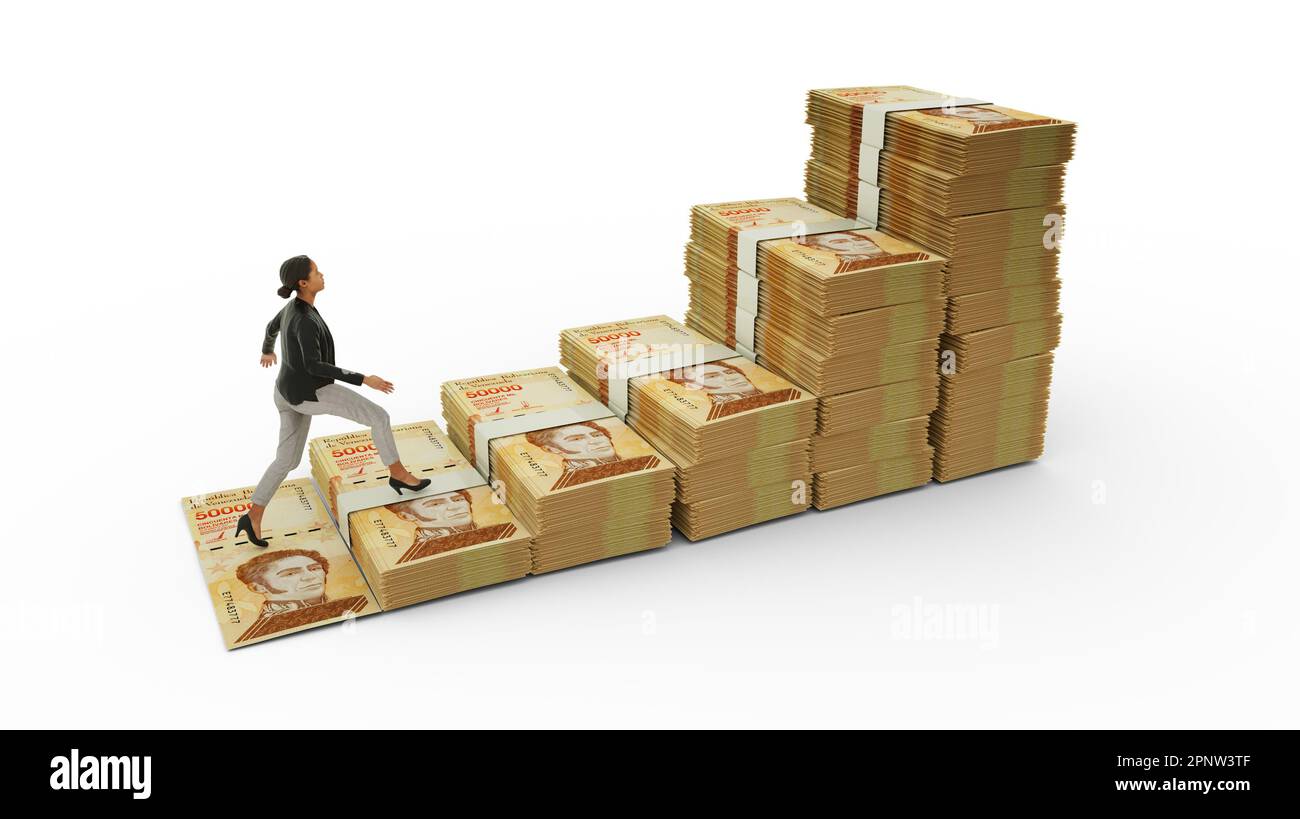 Geschäftsfrau, die Treppen hochklettert, aus venezolanischen bolivar-Noten. 3D Darstellung von Geld in Form eines Diagrammsymbols für das Finanzwachstum. Geschäfte Stockfoto