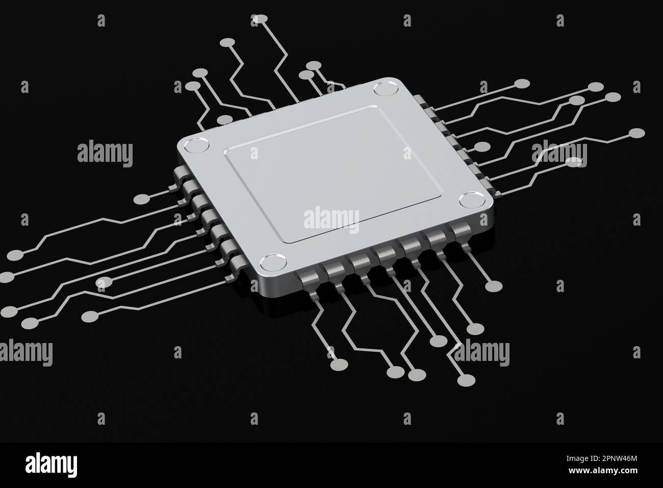 Computerprozessor auf schwarzem Hintergrund, 3D-Rendering Stockfoto