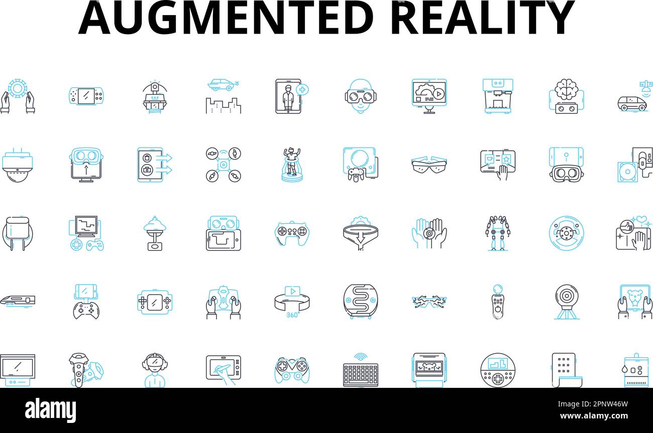 Lineare Symbole für Augmented Reality gesetzt. Hologramm, Virtuell, Überlagerung, Immersive, Interaktiv, Projektion, Adaptationsvektorsymbole und Linienkonzepte Stock Vektor