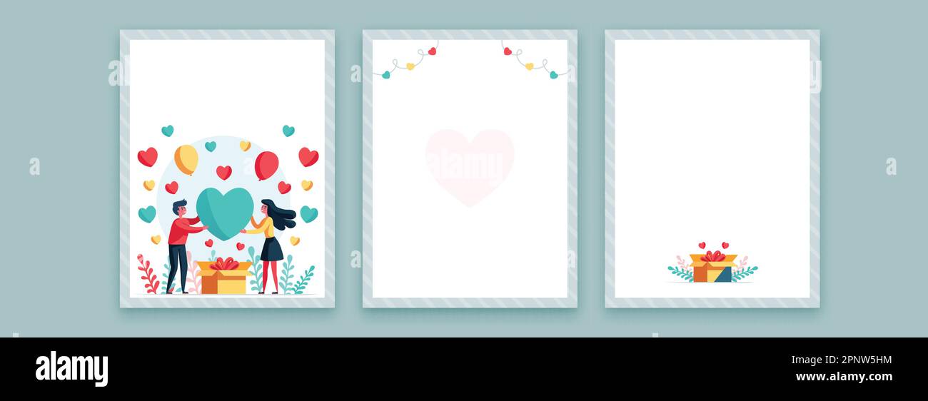 Valentinstagskarte mit einem jungen Paar mit Herz und Karton. Stock Vektor