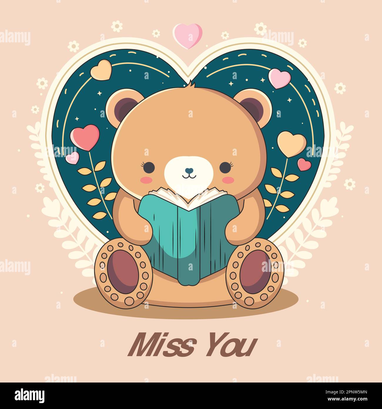 Vektorabbildung eines süßen Teddybären, der Ein Buch liest, Blätter, Herzformen auf Peach-Hintergrund und „MISS YOU“-Text. Happy Valentine's Day Konzept. Stock Vektor