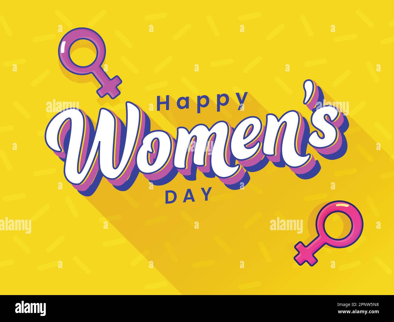 „Happy Women's Day“-Schriftart mit pinkfarbenem weiblichem Geschlechtszeichen auf gelbem Memphis Strichmuster-Hintergrund. Stock Vektor