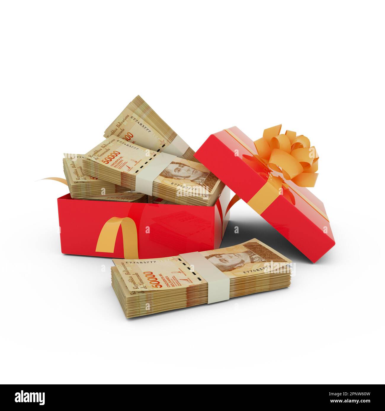 Stapel venezolanischer bolivar-Noten in einer offenen roten Geschenkbox. Pakete venezolanischer bolivar in einer Geschenkbox. 3D Geldvervielfältigung in der Kiste isola Stockfoto