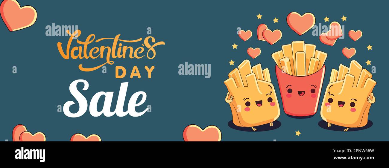 Banner oder Header-Design für Valentinsangebote mit lustigen Pommes-Frites-Boxen und Herzen auf blauem Hintergrund. Stock Vektor