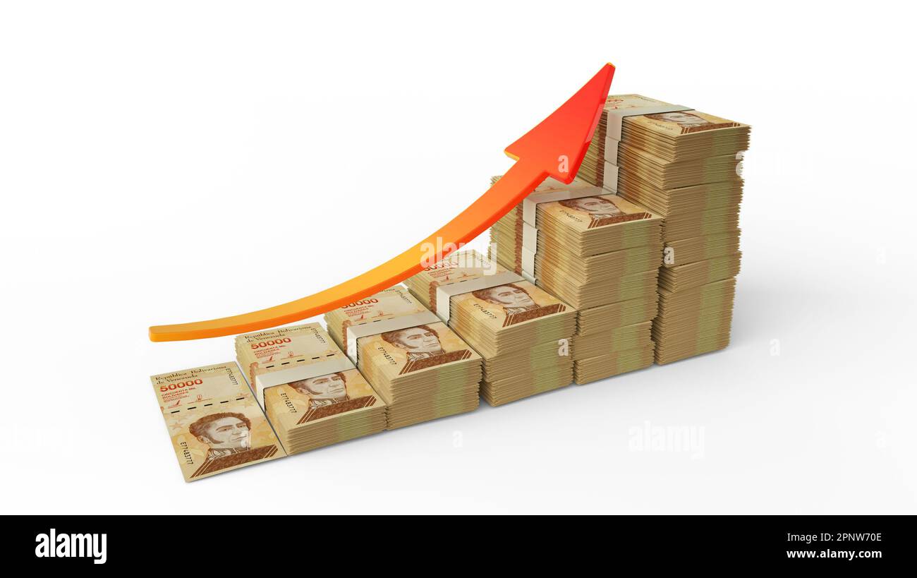 Zeichen für Finanzwachstum aus Stapeln venezolanischer bolivar-Noten. 3D Rendering venezolanischer Gelder in Form eines auf WHI isolierten Balkendiagramms Stockfoto