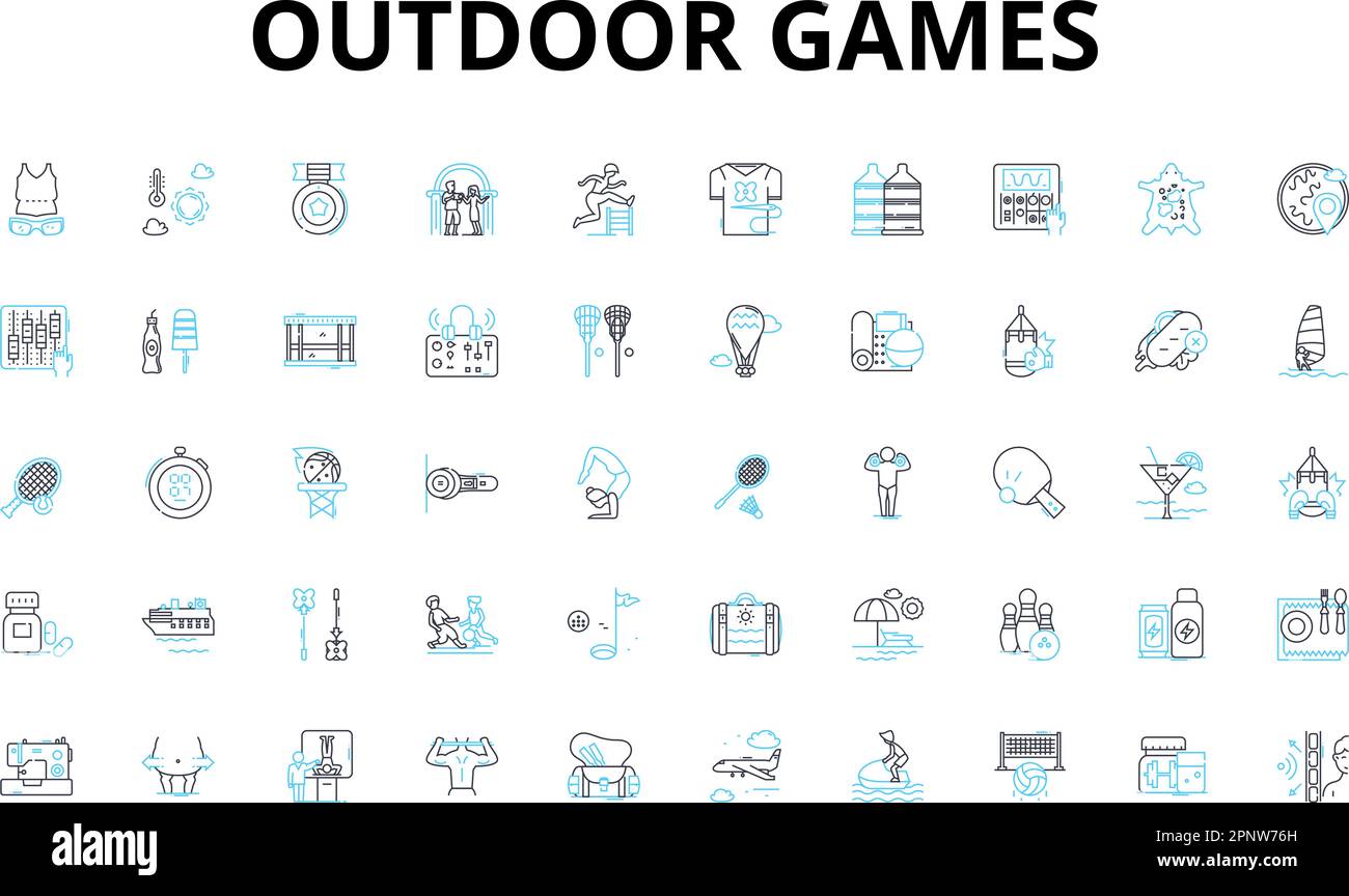 Lineare Symbole für Outdoor-Spiele. Frisbee, Fußball, Volleyball, Baseball, Cricket, Tennis, Badminton-Vektorsymbole und Linienschilder. Kubb, Cornhole Stock Vektor