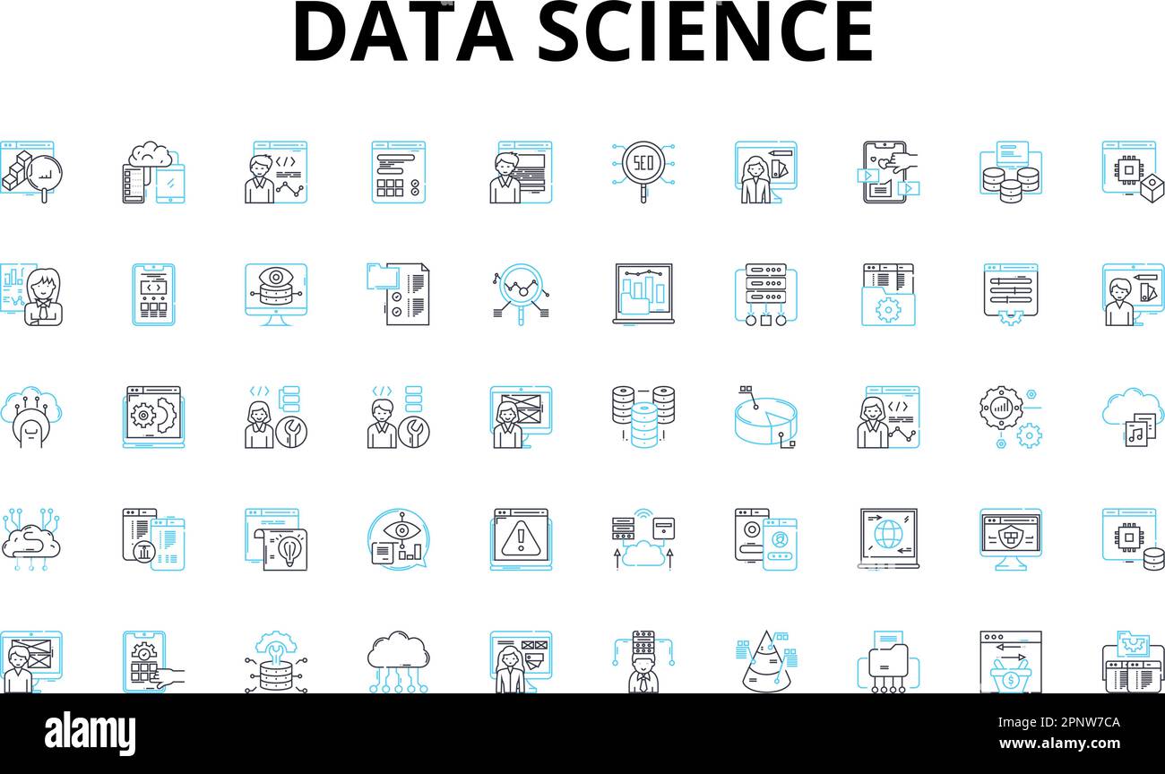 Lineare Symbole für Data Science festgelegt. Analysen, Algorithmen, Big Data, Clustering, Korrelation, Data Mining, Entscheidungsbäume, Vektorsymbole und Linienkonzept Stock Vektor