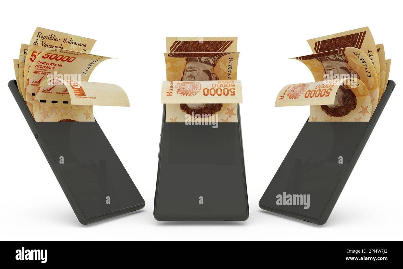 Venezolanische bolivar-Notizen in einem Mobiltelefon. Geld kommt aus dem Handy. 3D-Darstellung von Konzepten für mobile Geldtransaktionen. Geld von Stockfoto