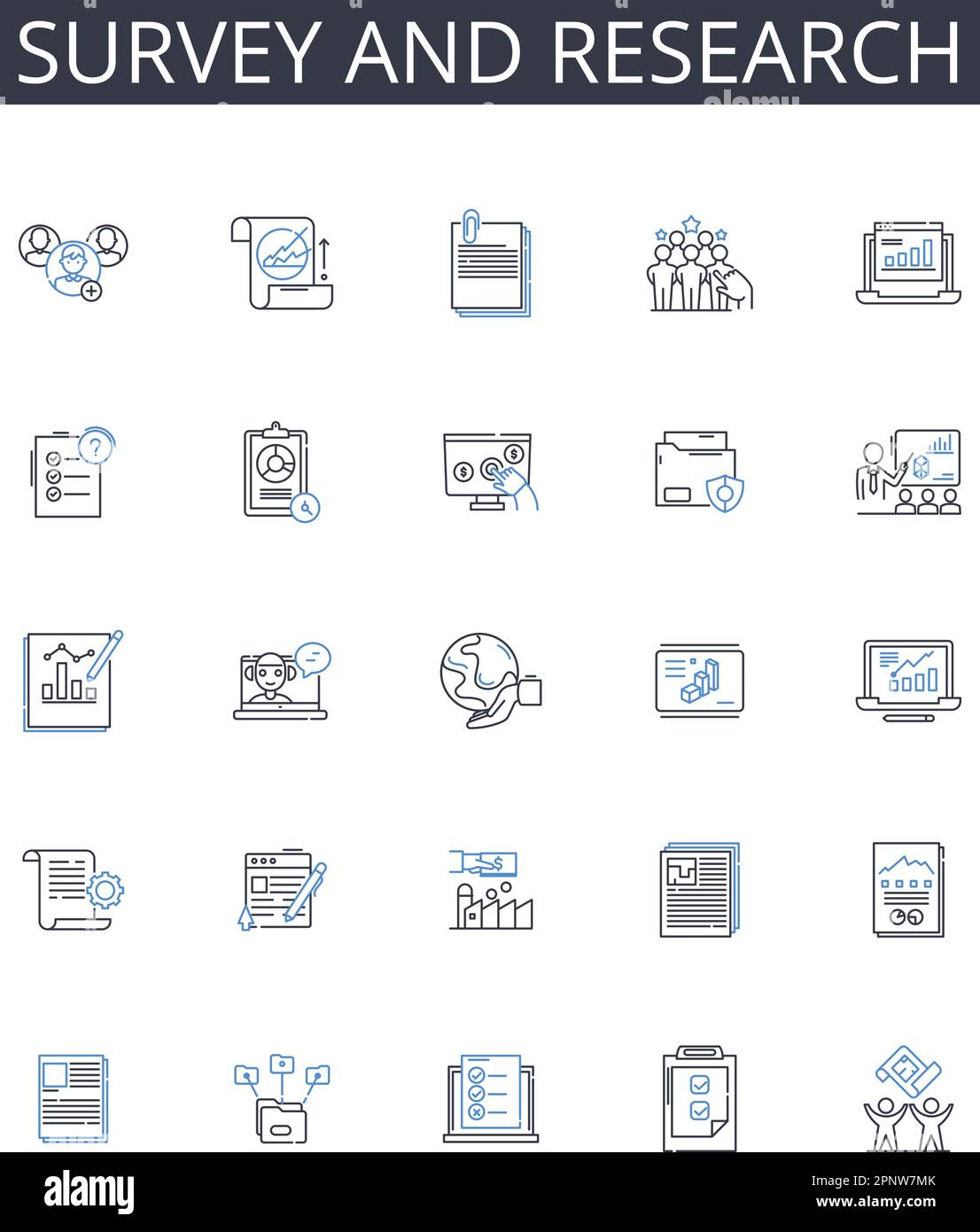 Sammlung von Symbolen für Umfragen und Forschungslinien. Volkszählung, Stichproben, Untersuchung, Abfrage, Prüfung, Abfrage, Analysevektor und lineare Darstellung Stock Vektor