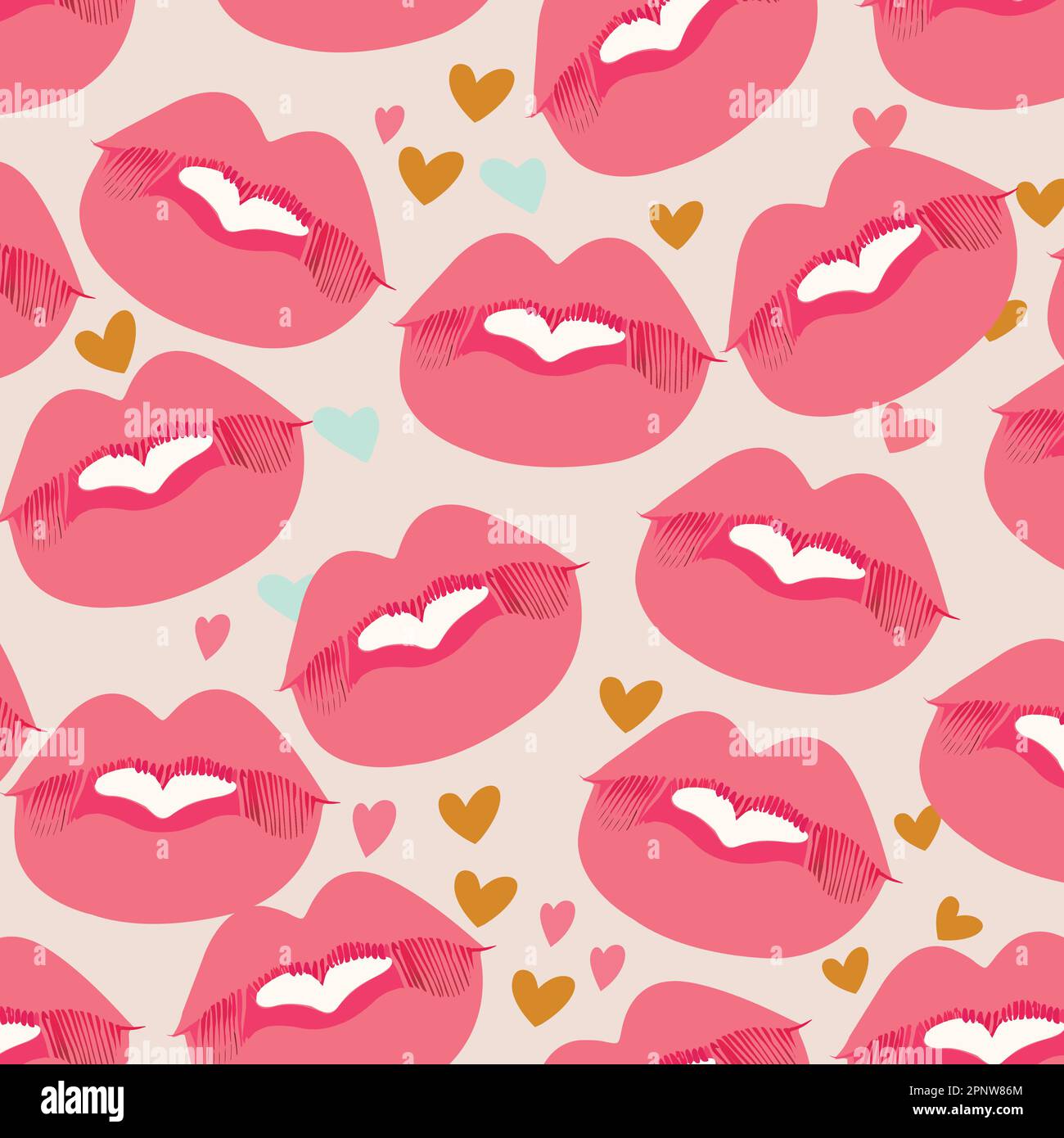 Pastellroter Hintergrund Für Lippen- Und Herzmuster. Love or Valentine's Day Concept (Konzept für Liebe oder Valentinstag) Stock Vektor