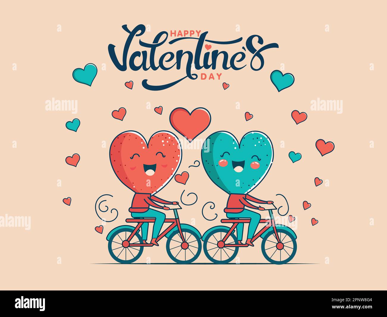 Happy Valentine's Day Konzept mit fröhlichen zwei Herzformen Charakter auf dem Fahrrad. Stock Vektor
