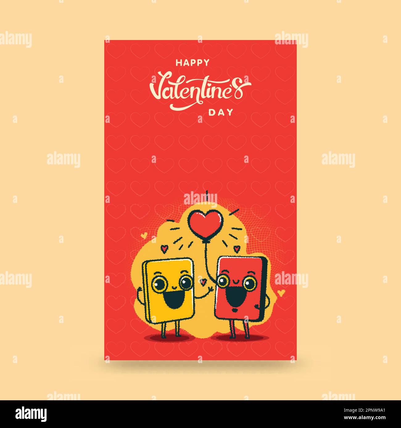 „Happy Valentine's Day“-Vertikalbanner mit lustigem Smartphone-Paar, das auf gelbem und rotem Hintergrund jubelt. Stock Vektor