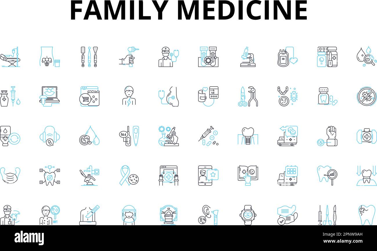 Familienmedizinische lineare Symbole gesetzt. Präventiv, Umfassend, Primär, Pflege, Allgemein, Konsultierung, Diagnose Vektorsymbole und Linienkonzepte Stock Vektor