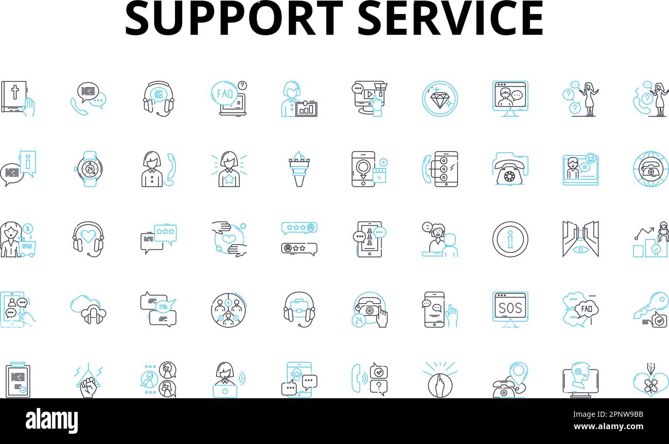 Linearer Symbolsatz für Support-Service. Hilfe, Hilfe, Hilfe, Anleitung, Beratung, Hinweise, Konsultationsvektorsymbole und Linienkonzepte. Einfühlungsvermögen Stock Vektor