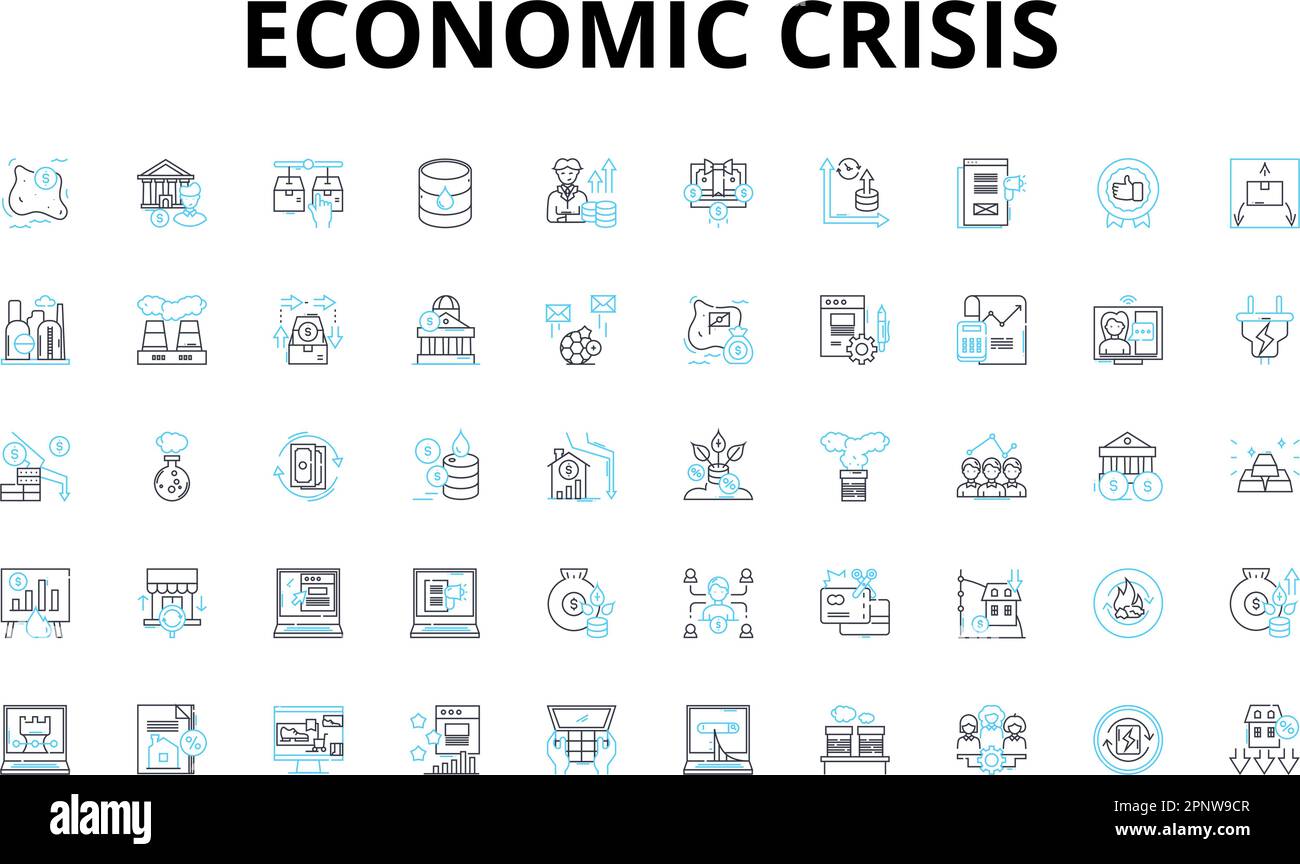 Die linearen Symbole der Wirtschaftskrise setzen sich. Rezession, Depression, Inflation, Deflation, Konkurs, Standard, Vektorsymbole für Arbeitslosigkeit und Linienzeichen für Zusatzinfo Stock Vektor