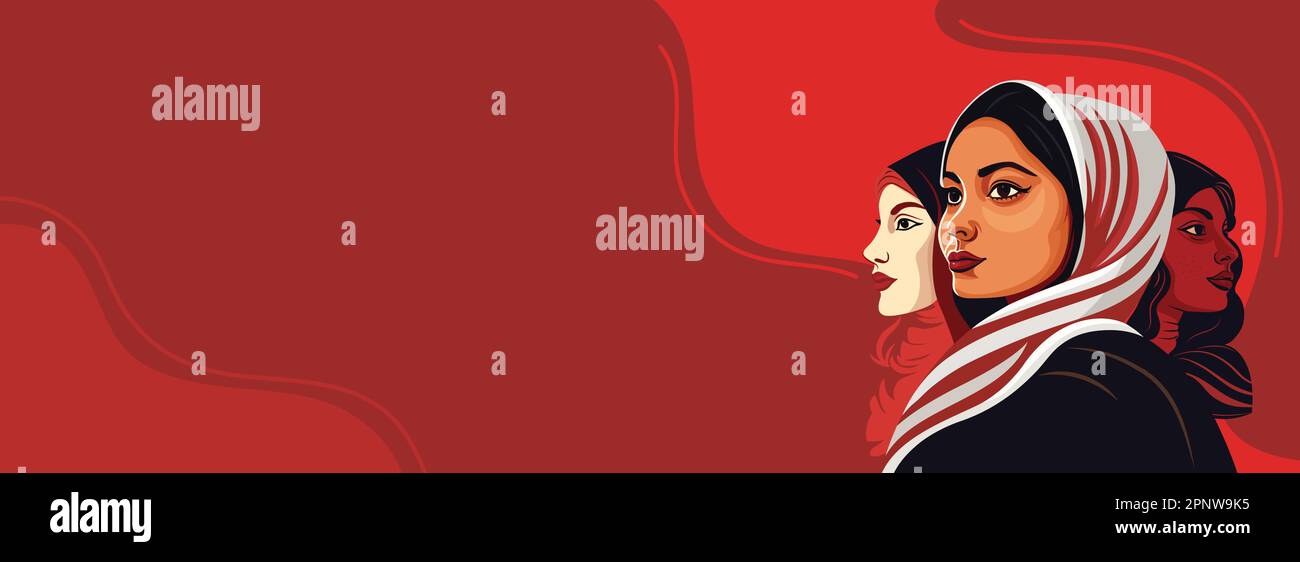 Abbildung: Drei Figuren junger Frauen auf einem verbrannten roten Hintergrund und im Kopierbereich. Happy Women's Day Konzept. Stock Vektor