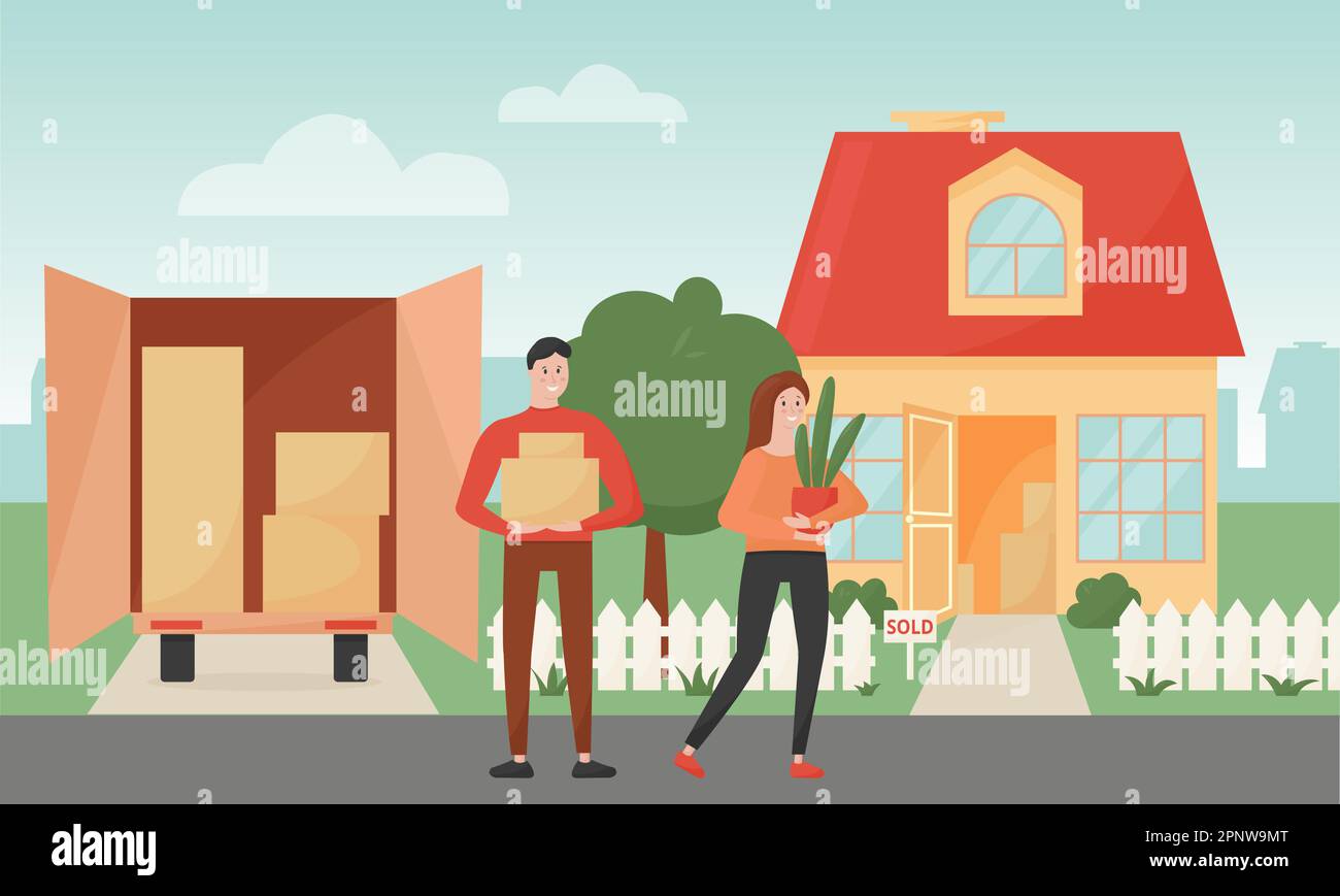 Ein junges Familienpaar zieht in ein neues Haus. Mann mit Pappkarton und Haushaltszeug, Frau mit Hauspflanze. Kisten im Kofferraum des Lkws. Ve Stock Vektor