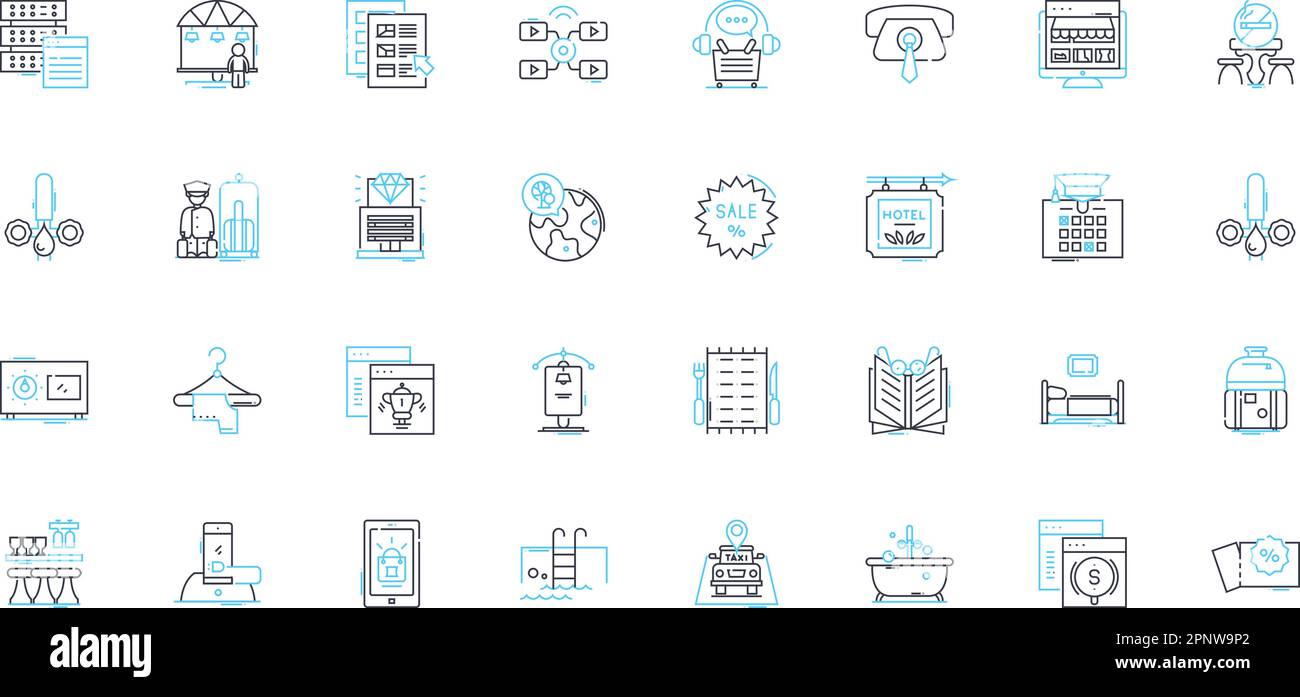 Lineare Symbole für Gästebeziehungen festgelegt. Interaktion, Erfahrung, Engagement, Bewirtung, Feedback, Kommunikation, Begrüßungslinienvektor und Konzeptschilder Stock Vektor