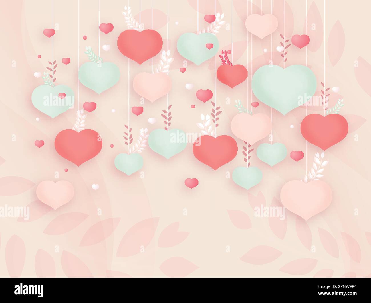 Hängende Weiche Herzform Mit Pastellrosa Blättern Im Hintergrund. Love or Valentines Day Konzept. Stock Vektor