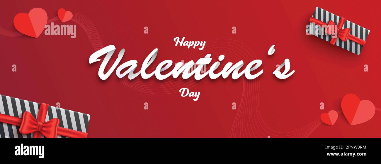 „Happy Valentine's Day“-Banner oder Kopfzeile mit Papierherzen, Top View der Geschenkboxen auf rotem Hintergrund. Stock Vektor