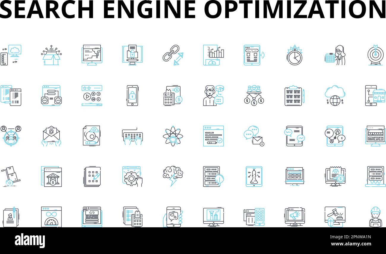 Lineare Symbole für Suchmaschinenoptimierung festgelegt. Rangfolge, Schlüsselwörter, Algorithmus, Backlinks, Meta, Analysen, Verkehrsvektorsymbole und Linienkonzepte Stock Vektor