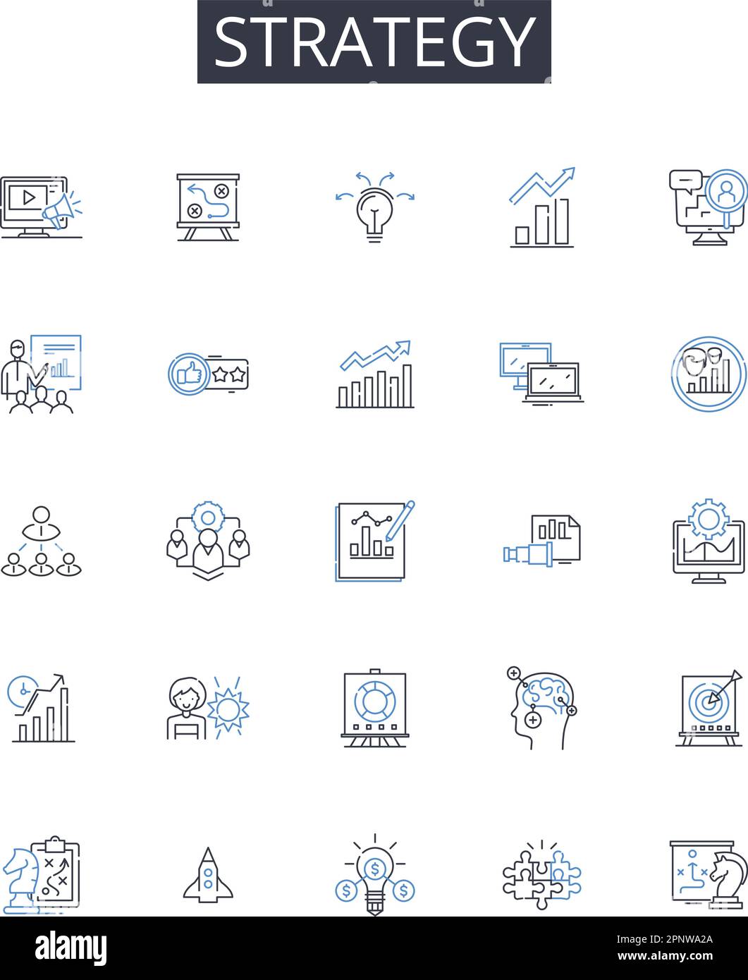 Symbolsammlung für Strategiezeilen. Logistik, Transport, Bestand, Lagerhaltung, Versand, Fulfillment, Großhandel und lineare Darstellung Stock Vektor