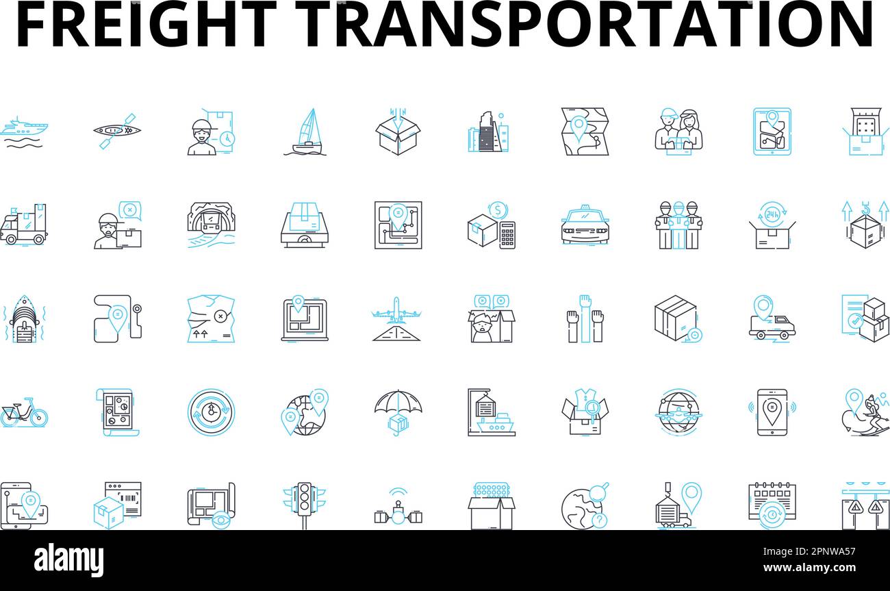 Lineare Symbole für den Gütertransport festgelegt. Versand, Logistik, Spediteur, Lkw, Fracht, Importieren, Exportieren von Vektorsymbolen und Linienkonzeptsymbolen Stock Vektor
