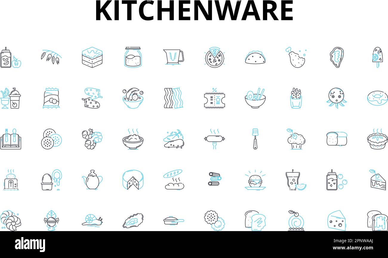 Küchenutensilien Lineare Symbole eingestellt. Besteck, Kochgeschirr, Backgeschirr, Utensilien, Geschirr, Geräte, Gadgets, Vektorsymbole und Linienkonzepte. Container Stock Vektor