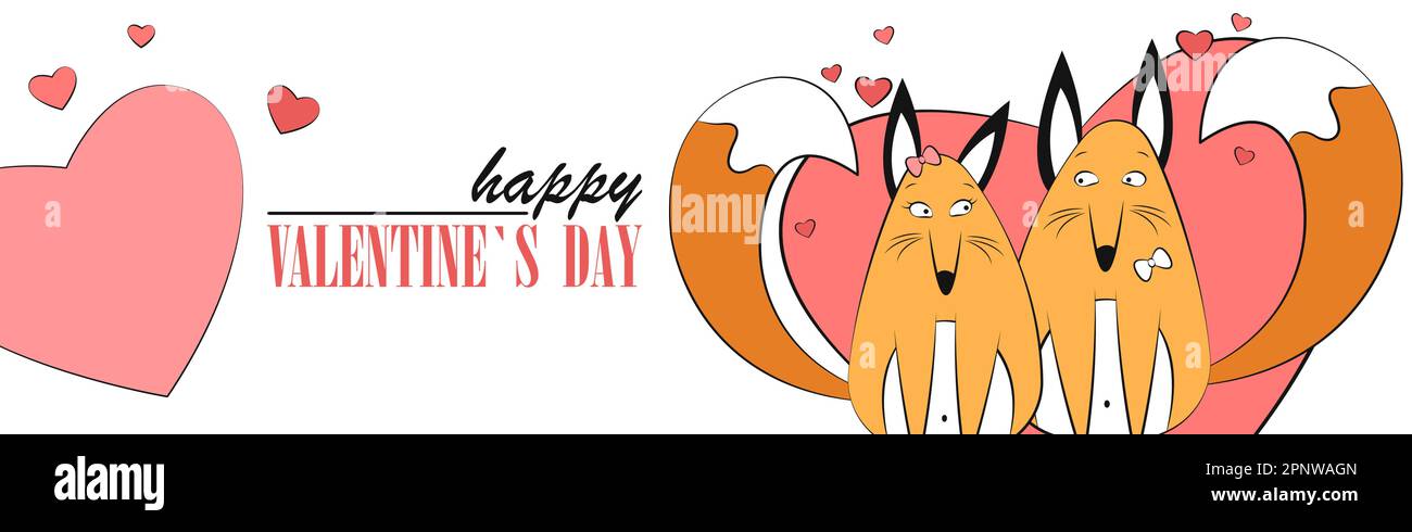 Bannerdesign für Valentinstag. Lustige, handgezeichnete, verliebte Füchse. Alles gute zum Valentinstag. Flyer-Geschenkgutschein mit pinkfarbenen Herzen. Kreatives Weihnachtsdesign Stock Vektor