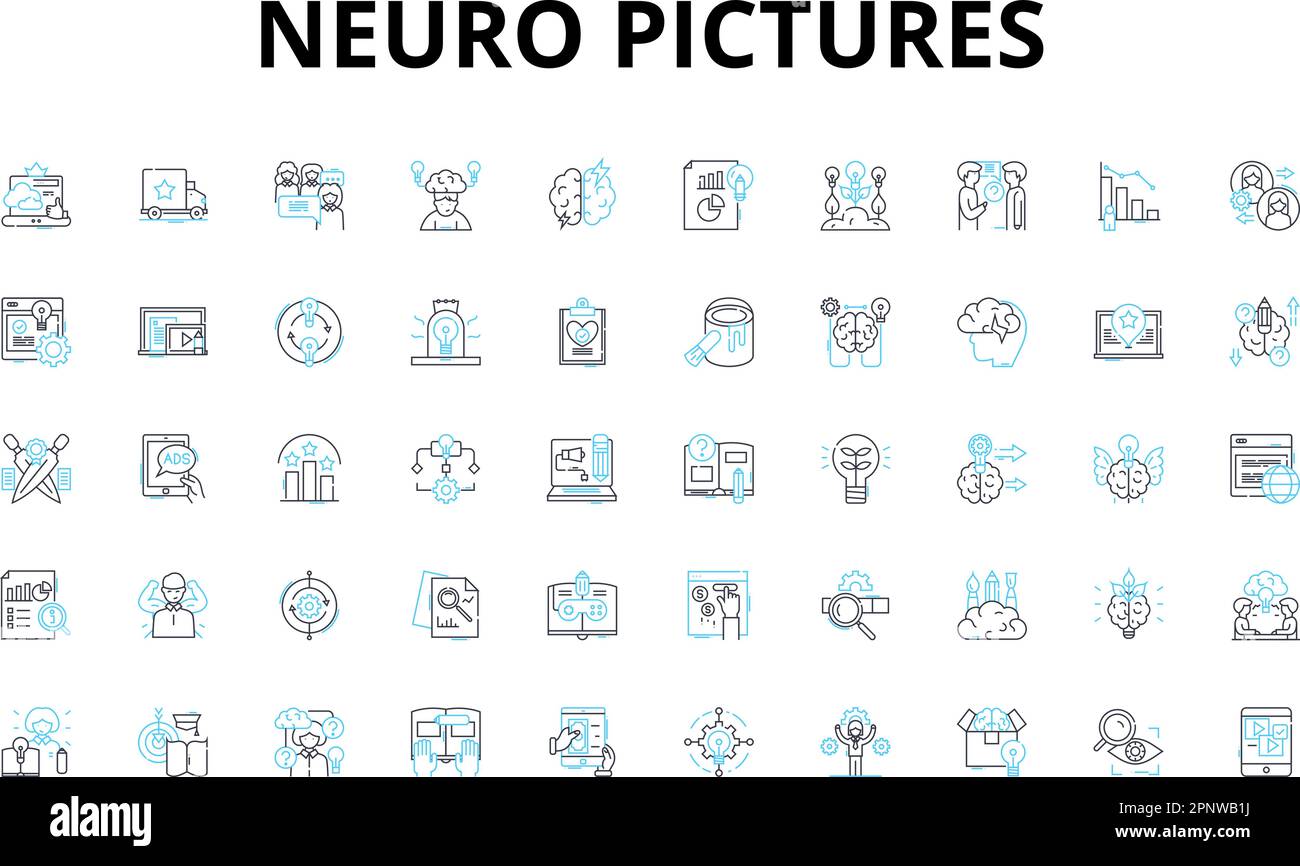 Neuro-Bilder Lineare Symbole eingestellt. Gehirnwellen, Neuronen, Erinnerungen, Synapsen, Axonen, Kognition, Wahrnehmungsvektorsymbole und Linienkonzepte Stock Vektor