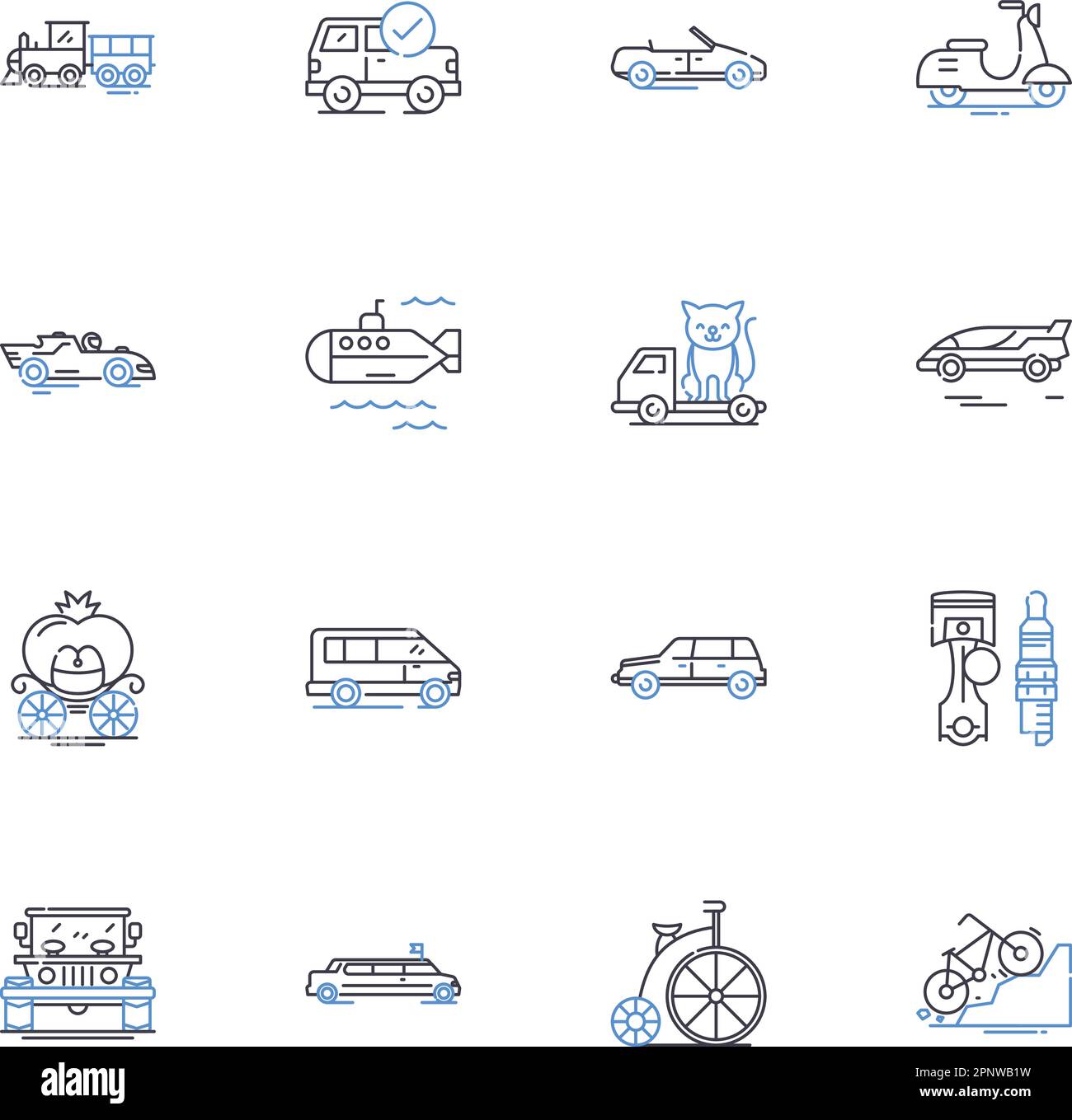 Symbolsammlung für Transitdienste. Pendelverkehr, Shuttle, Bus, Zug, Metro, Transit, Tarifvektor und lineare Darstellung. Ticket, Route, Zeitplan Stock Vektor