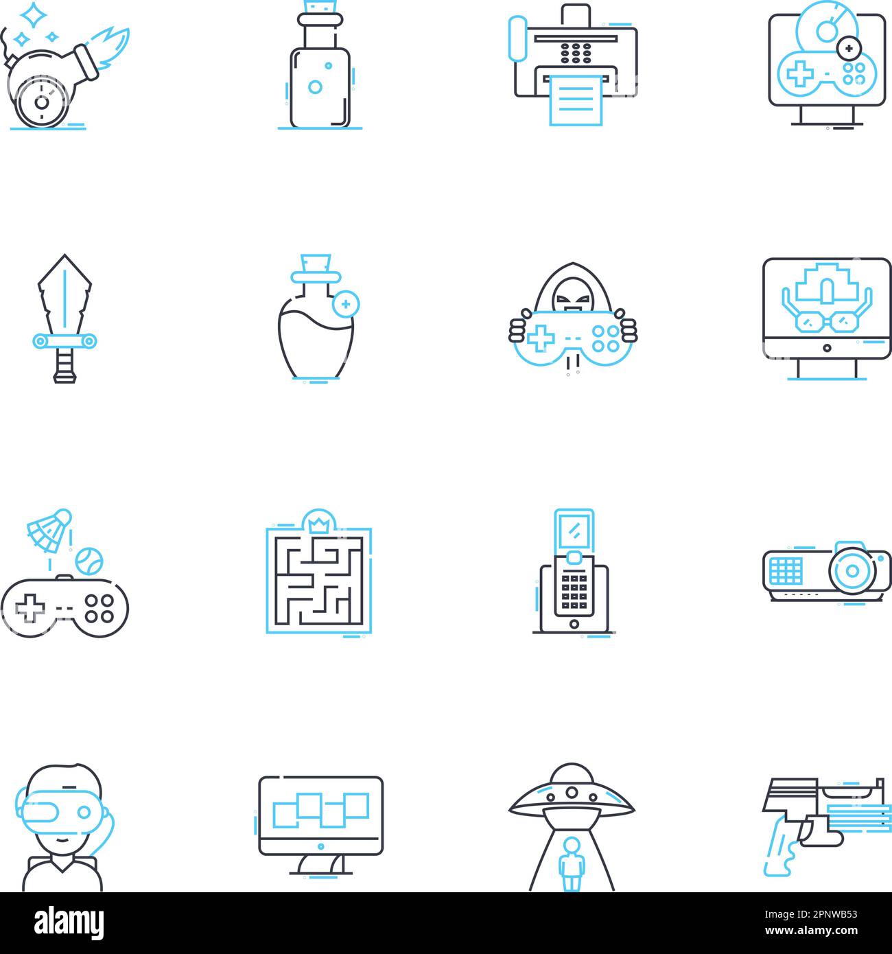 Konsolenmarkt – Satz linearer Symbole. Playstation, Xbox, Nintendo, Gaming, Hardware, Software, Linienvektor und Konzeptschilder für Unterhaltung. Fesselnd Stock Vektor