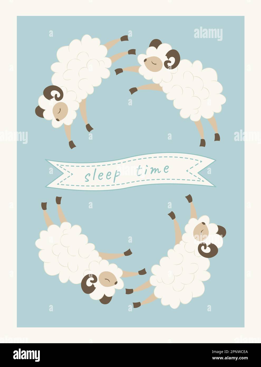 Lustige flauschige Schafe fliegen über den Himmel. Zählen Sie nachts Lämmer. Poster für die Schlafzeit im Kinderzimmer. Titelseite für ein Kinderalbum, Babybuch Stock Vektor