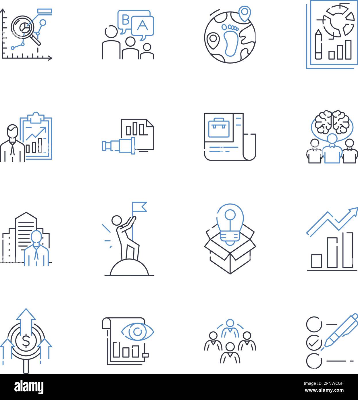 Sammlung von Liniensymbolen für Stakeholder-Management. Engagement, Zusammenarbeit, Kommunikation, Beratung, Verantwortlichkeit, Einfluss, Vertrauensvektor und Stock Vektor